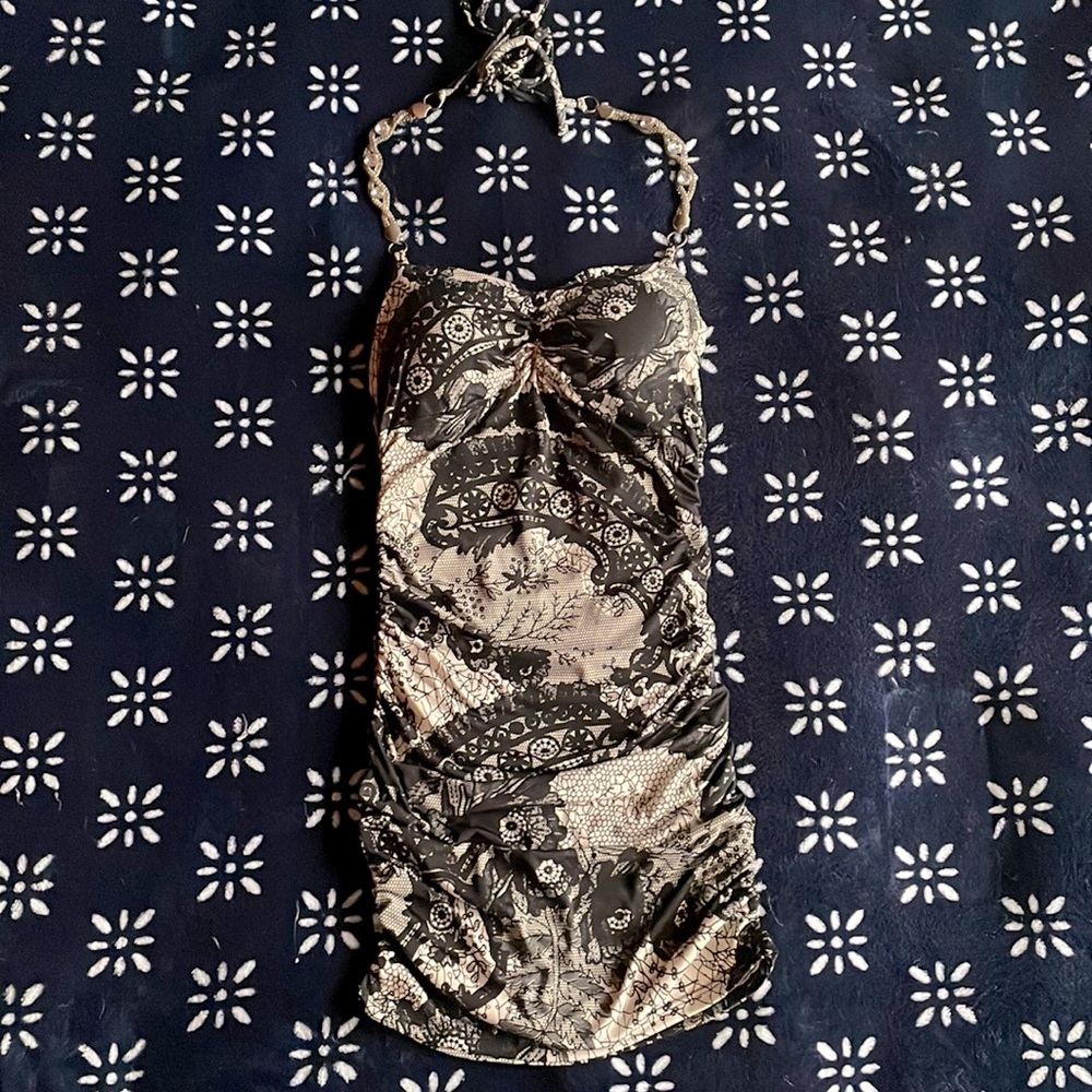 Janice club dress, gray/black/white lace patterned jewel detail halter dress